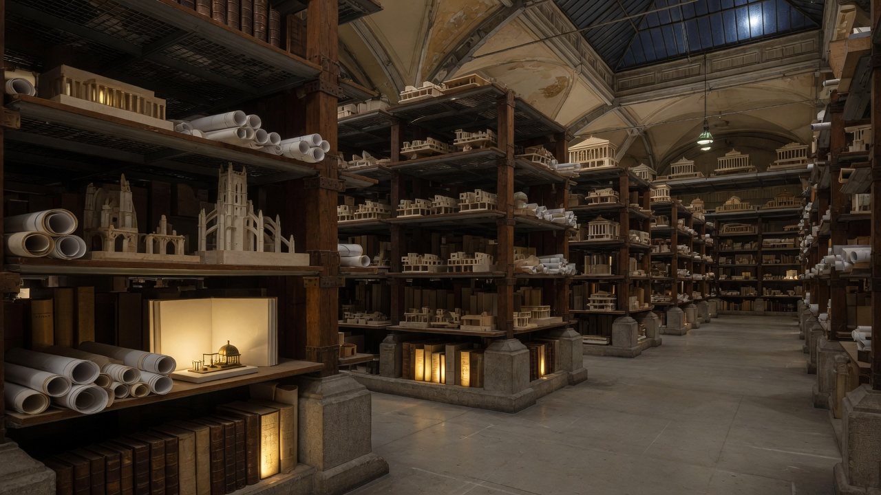 An immense architectural archive of models, drawings, and glowing volumes