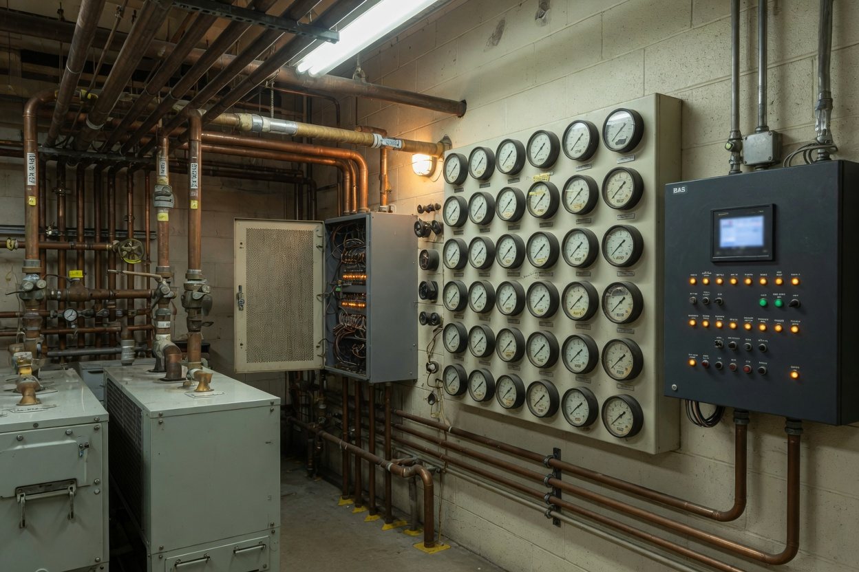 Building mechanical room with copper pipes, analog gauges, and a digital BAS panel