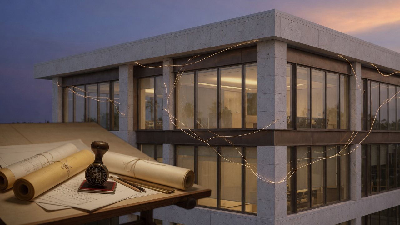 A Florida building at dusk with an architect’s stamp in the foreground and faint filaments of light through the structure
