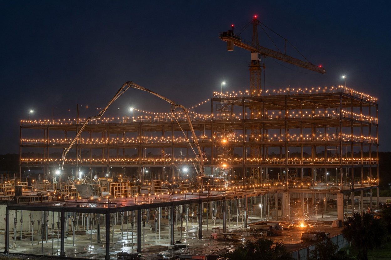 A Florida construction site at night: steel frame, crane, work lights coordinating across the structure