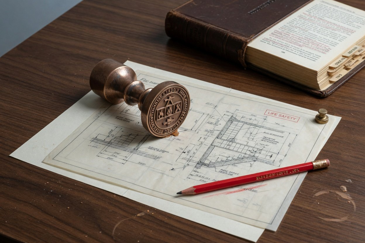 An architect’s bronze stamp on a life-safety drawing