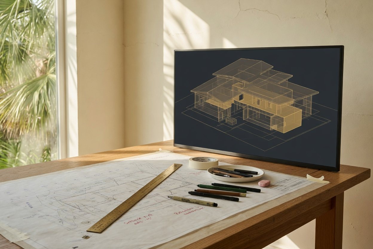 Architect’s studio with a site plan, brass scale, and BIM massing on a dark screen